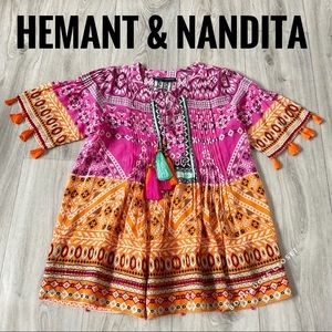 Anthropologie Hemant and Nandita 100% Silk  Embroidered tunic Blouse Tas…